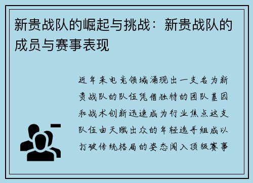 新贵战队的崛起与挑战：新贵战队的成员与赛事表现