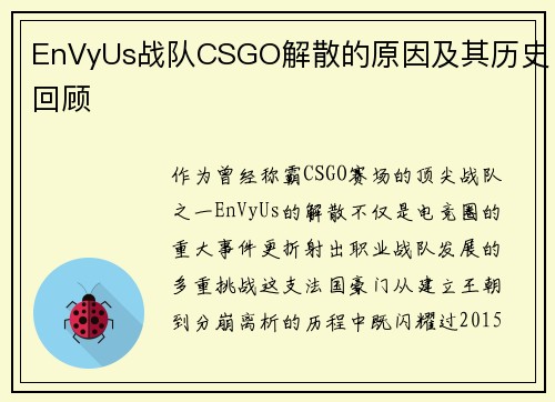 EnVyUs战队CSGO解散的原因及其历史回顾