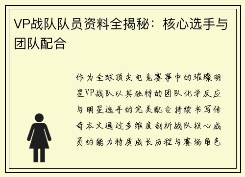 VP战队队员资料全揭秘：核心选手与团队配合